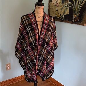 Plaid Poncho with Pink, gold, cream, with black trim, Trina Turk